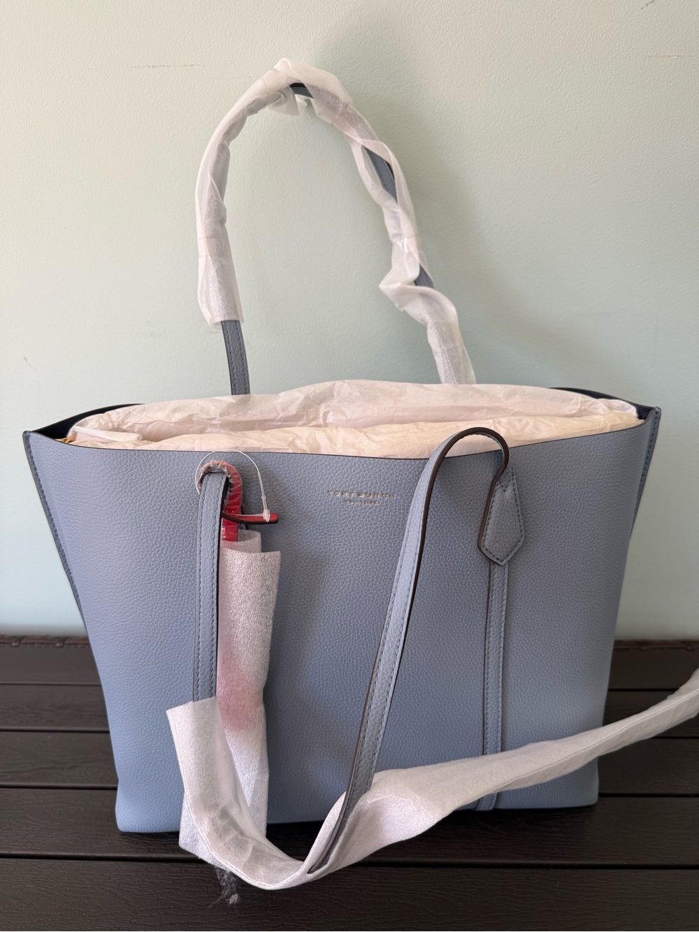 Tory Burch Light Blue Pebbled Leather Tote